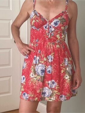 Abercrombie & Fitch Red Floral Mini Dress with Blue Roses